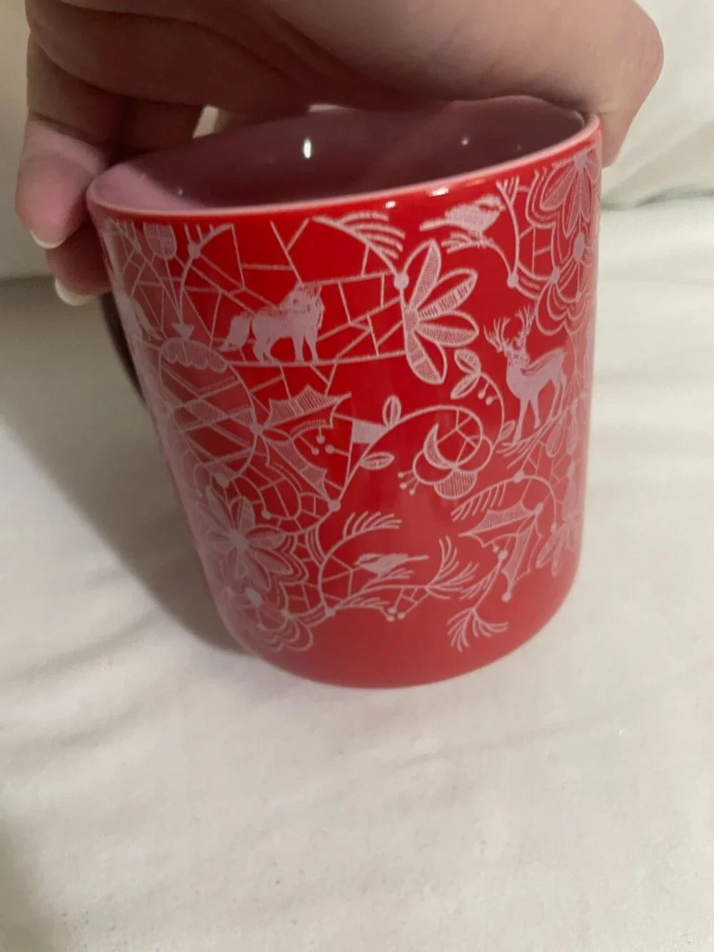 Starbucks 2022 Holiday Woodland Red Pink Ceramic Coffee Mug 14 oz Deer Fox